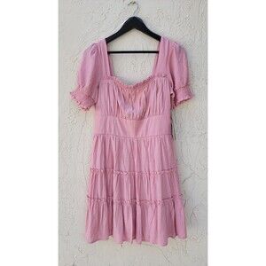 Trixxi Pink Tiered Square Neck Milkmaid Coquette Dress Sz Lrg Fairy Puff Sleeve